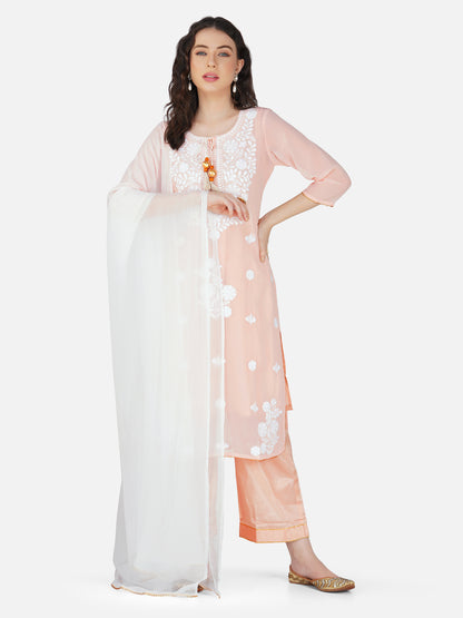 Peach Floral Lucknowi Chikankari Embroidered Kurta Set