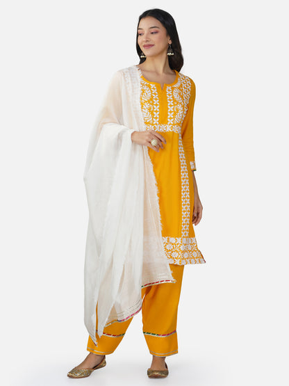 Golden Yellow Floral Chikankari Kurta Set