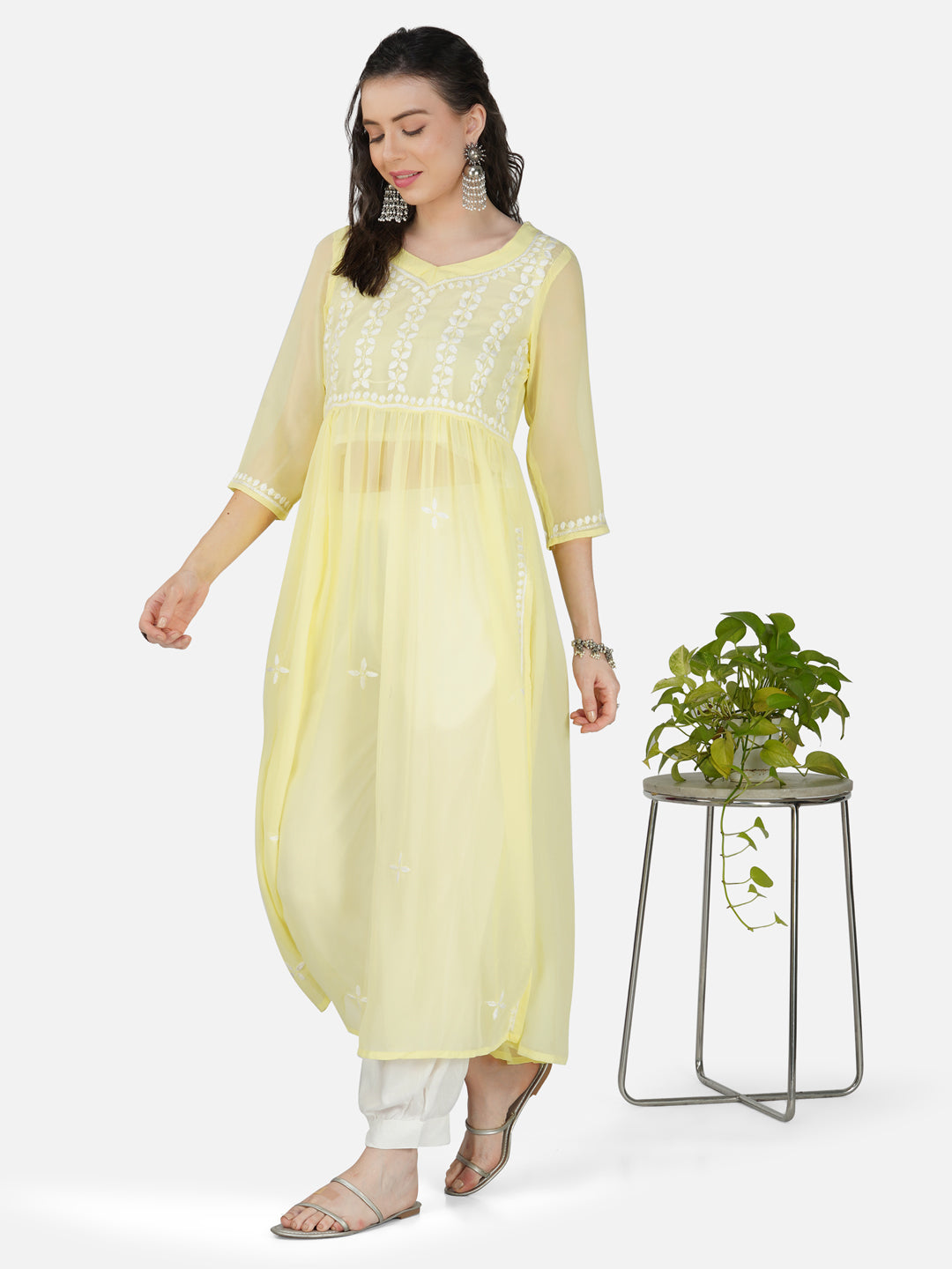 Lemon Yellow Lucknowi Chikankari Embroidered Nyra Cut Kurta