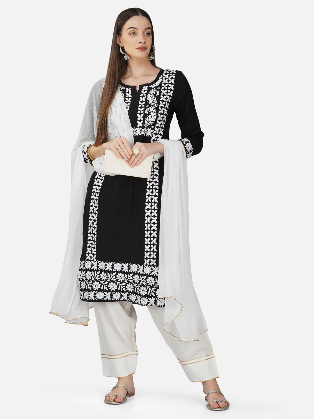 Classic Black Cotton Kurta Set with Lucknowi Chikankari Embroidery