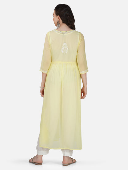 Lemon Yellow Lucknowi Chikankari Embroidered Nyra Cut Kurta