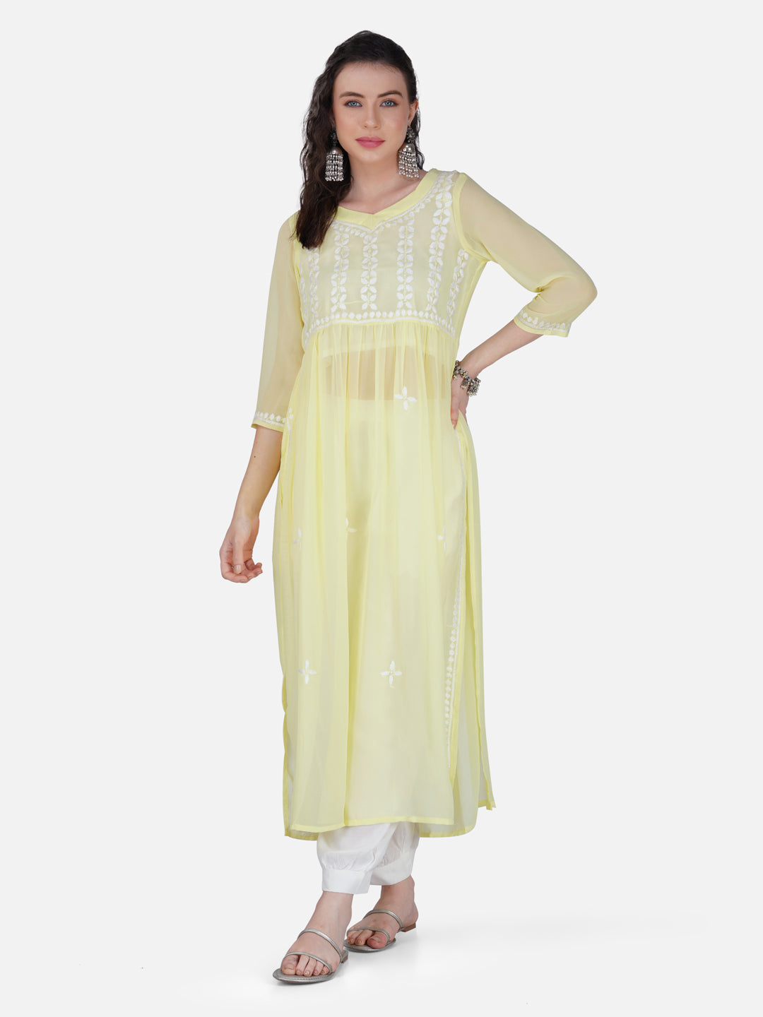 Lemon Yellow Lucknowi Chikankari Embroidered Nyra Cut Kurta