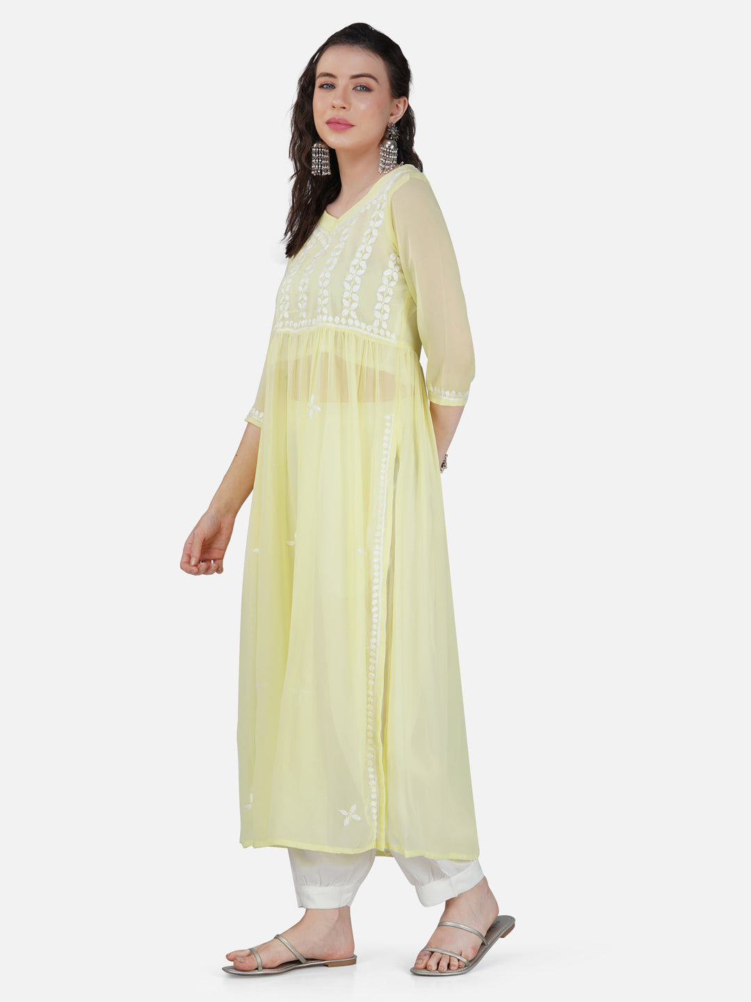 Lemon Yellow Lucknowi Chikankari Embroidered Nyra Cut Kurta