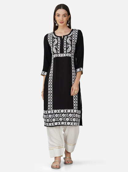 Classic Black Cotton Kurta Set with Lucknowi Chikankari Embroidery