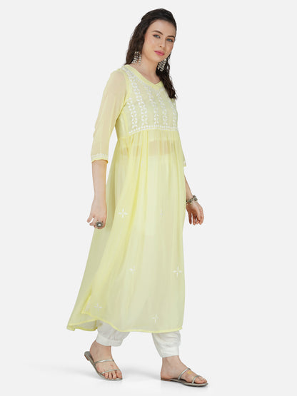 Lemon Yellow Lucknowi Chikankari Embroidered Nyra Cut Kurta