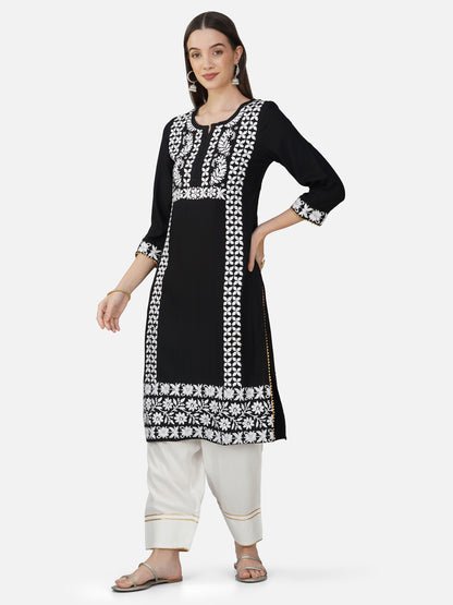 Classic Black Cotton Kurta Set with Lucknowi Chikankari Embroidery