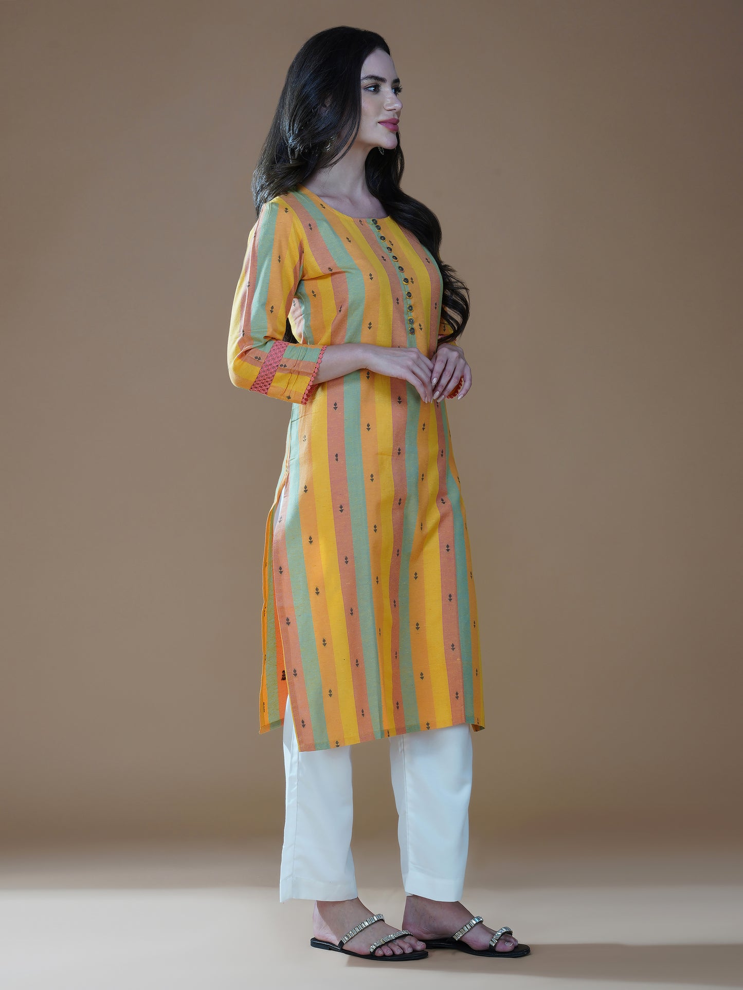 Golden Glow Striped Cotton Kurta