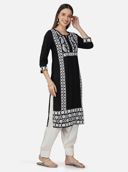 Classic Black Cotton Kurta Set with Lucknowi Hand Chikankari Embroidery