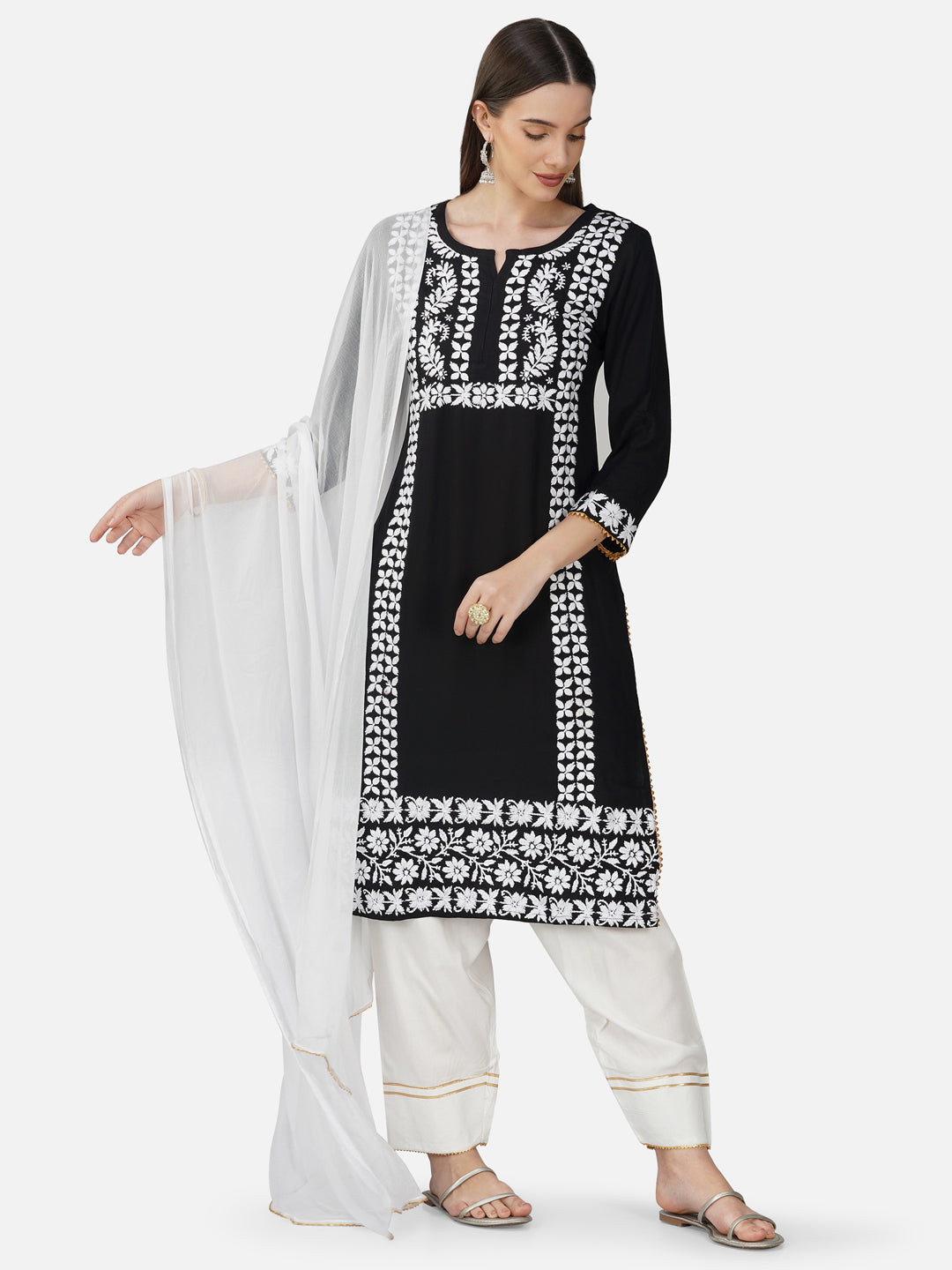 Classic Black Cotton Kurta Set with Lucknowi Chikankari Embroidery