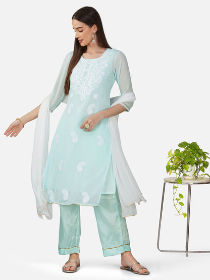 Serene Aqua Blue Lucknowi Chikankari Kurta Set with Paisley Embroidery