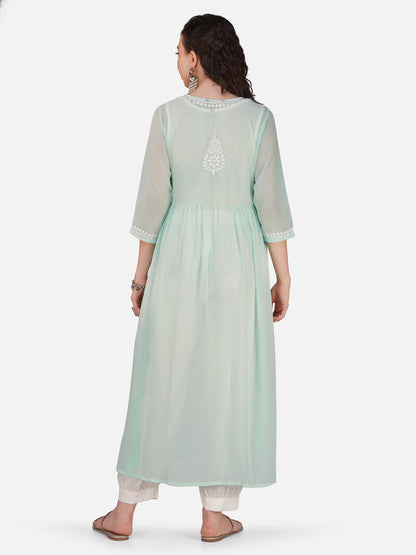 Aqua Blue Nyra Cut Lucknowi Chikankari Kurta