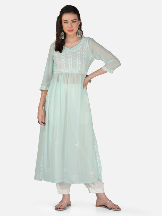 Aqua Blue Nyra Cut Lucknowi Chikankari Kurta