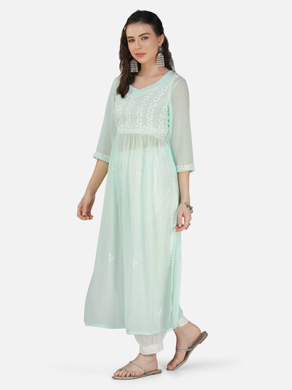 Aqua Blue Nyra Cut Lucknowi Chikankari Kurta