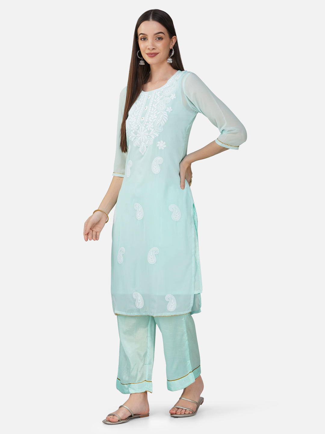 Serene Aqua Blue Lucknowi Chikankari Kurta Set with Paisley Embroidery