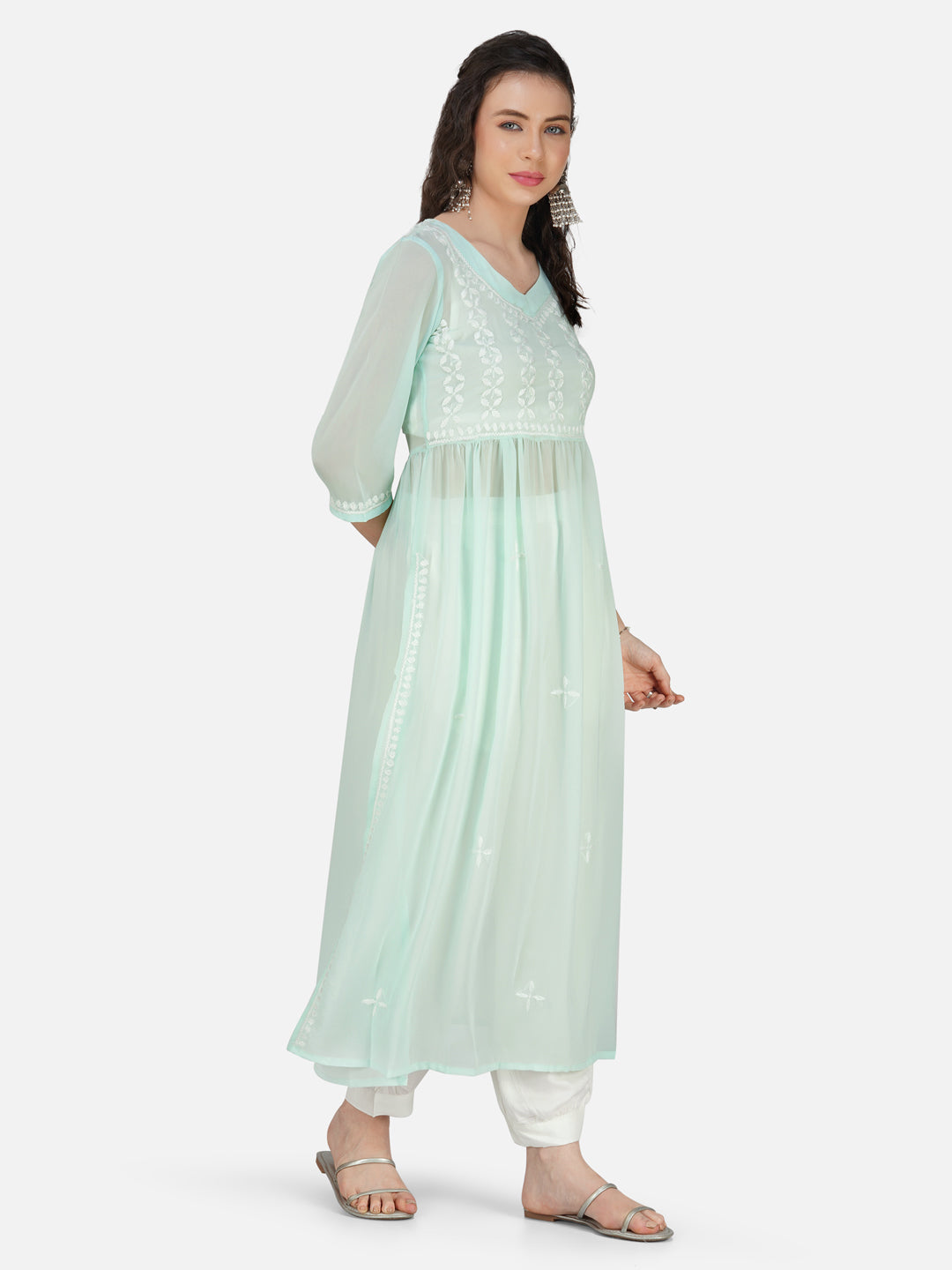 Aqua Blue Nyra Cut Lucknowi Chikankari Kurta