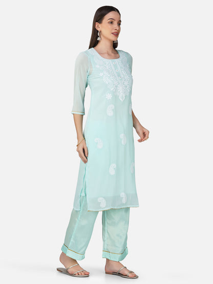 Serene Aqua Blue Lucknowi Chikankari Kurta Set with Paisley Embroidery