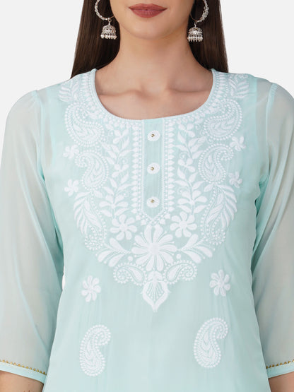 Serene Aqua Blue Lucknowi Chikankari Kurta Set with Paisley Embroidery