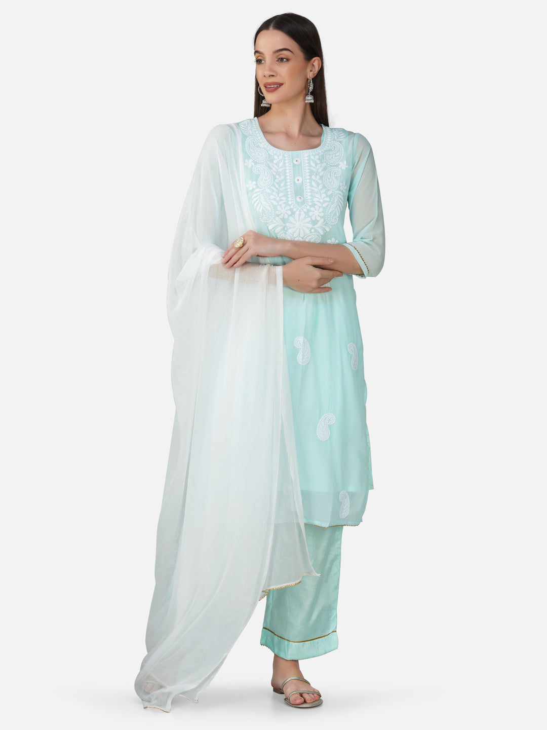 Serene Aqua Blue Lucknowi Chikankari Kurta Set with Paisley Embroidery