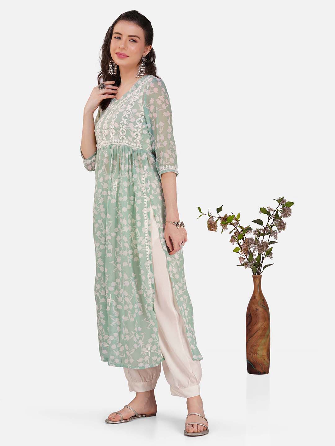 Mint Green Lucknowi Chikankari Nyra Cut Kurta