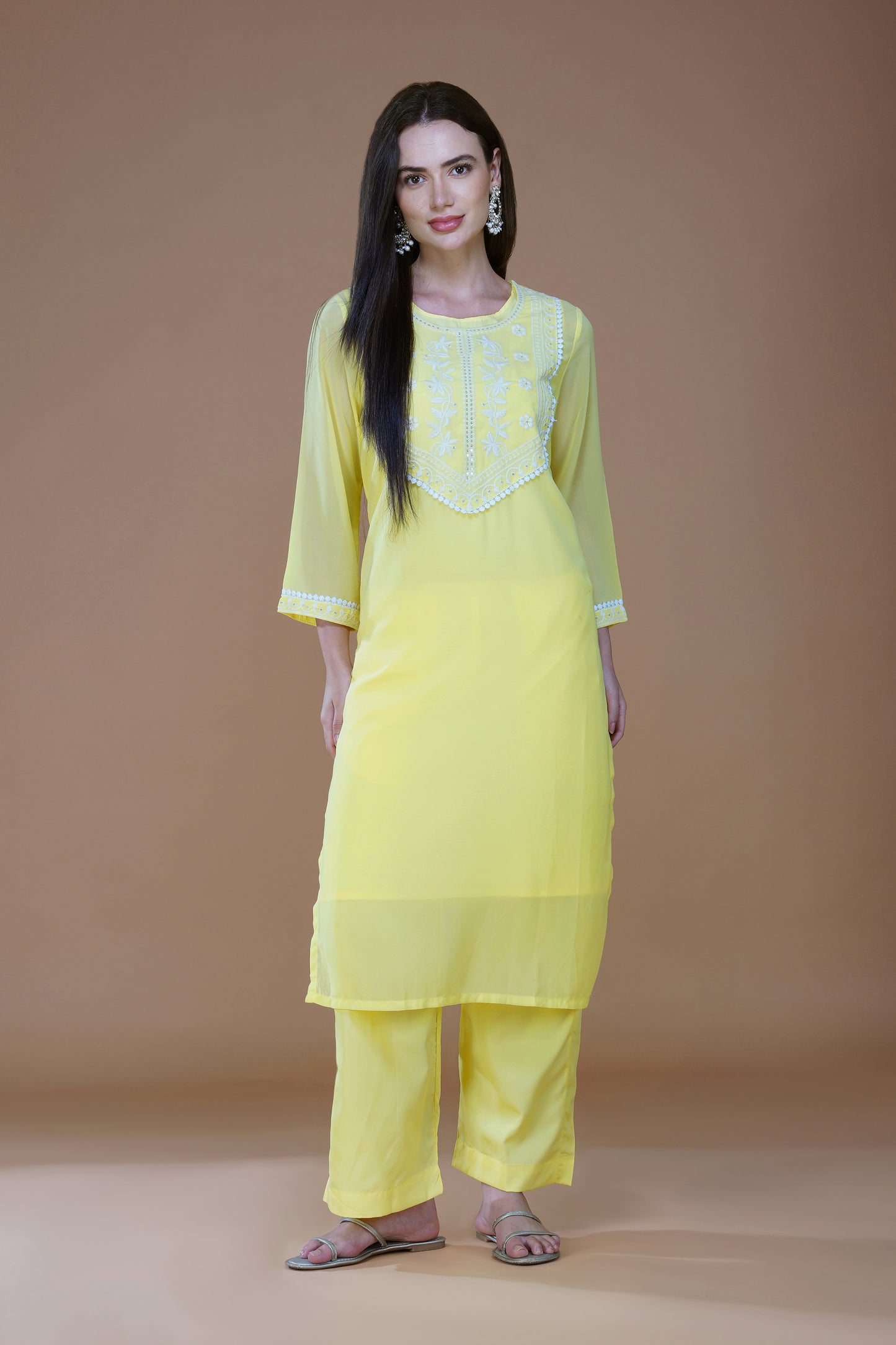 Sunshine Yellow Georgette Chikankari Embroidered Kurta Set