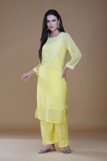 Sunshine Yellow Georgette Chikankari Embroidered Kurta Set