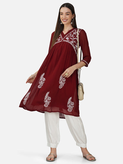 Maroon Nyra Cut Lucknowi Chikankari Embroidered Kurta