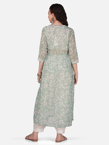 Mint Green Lucknowi Chikankari Nyra Cut Kurta