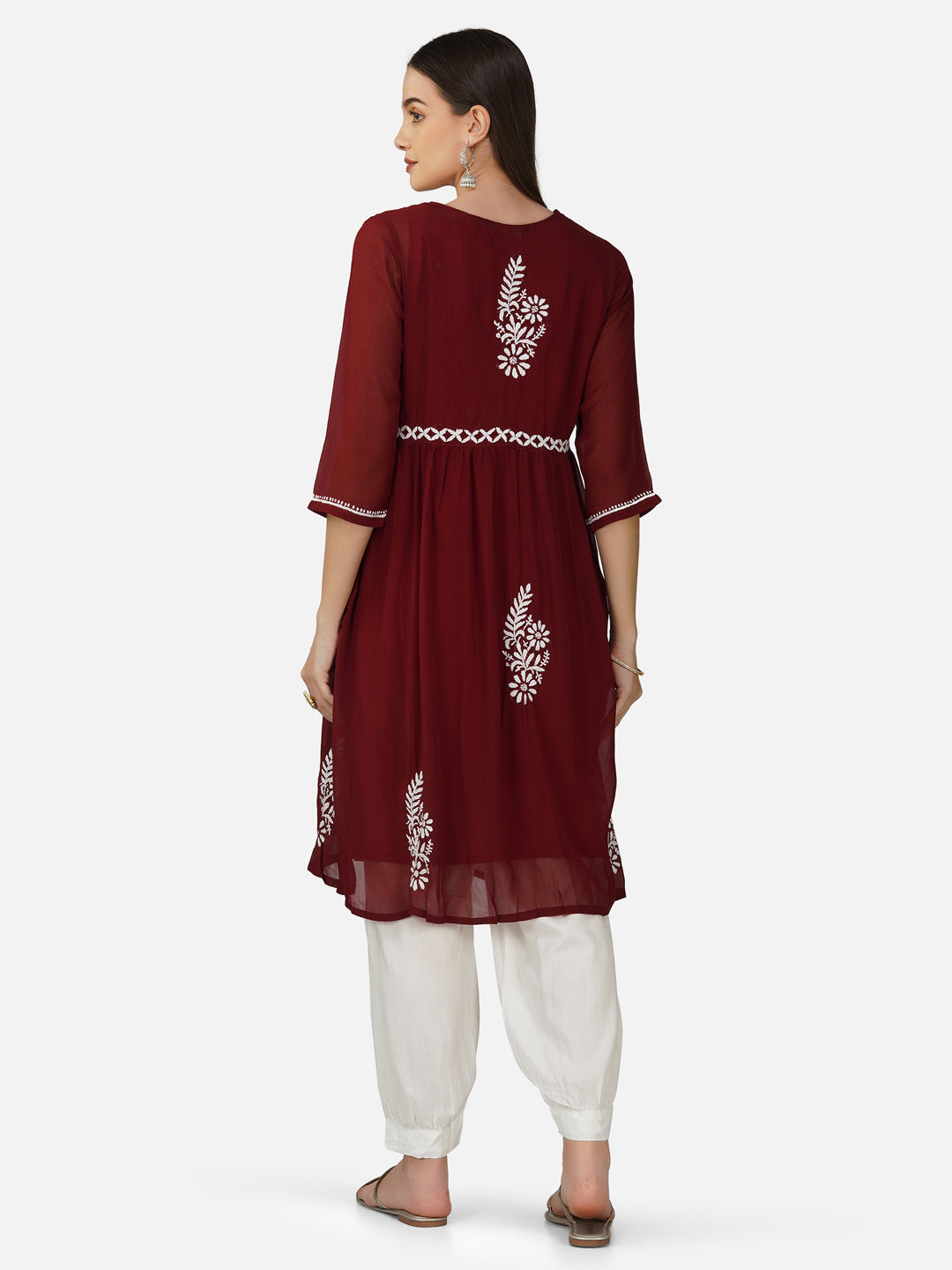 Maroon Nyra Cut Lucknowi Chikankari Embroidered Kurta