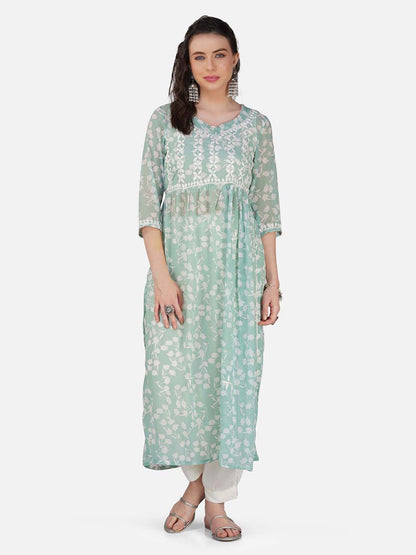 Mint Green Lucknowi Chikankari Nyra Cut Kurta