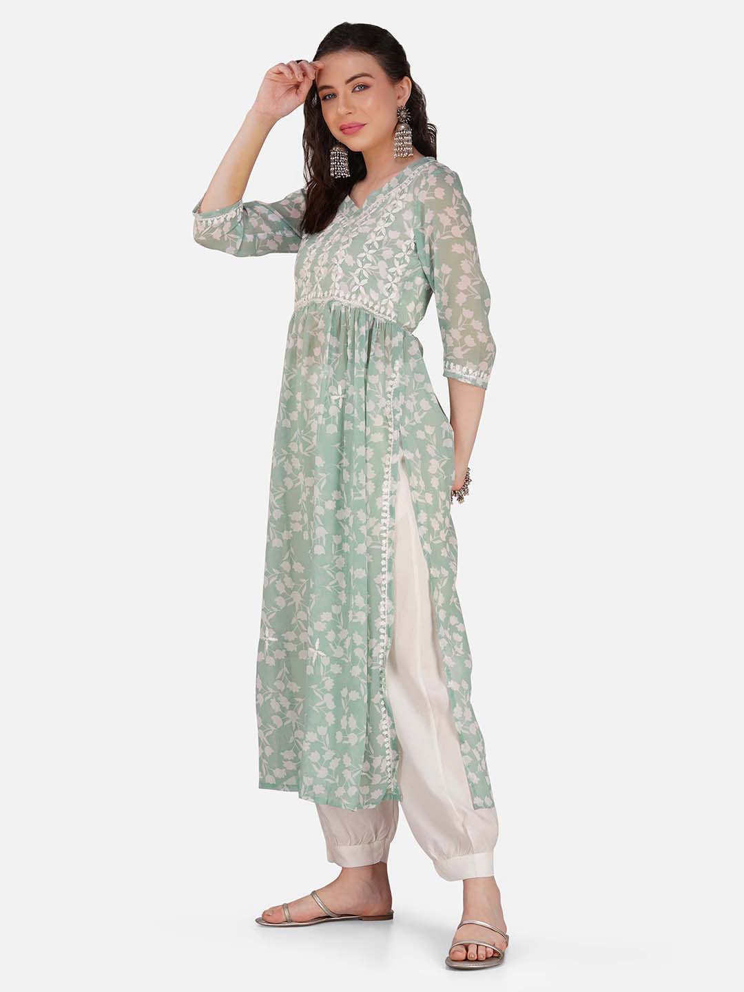 Women's mint green Lucknowi hand chikankari Nyra cut kurta