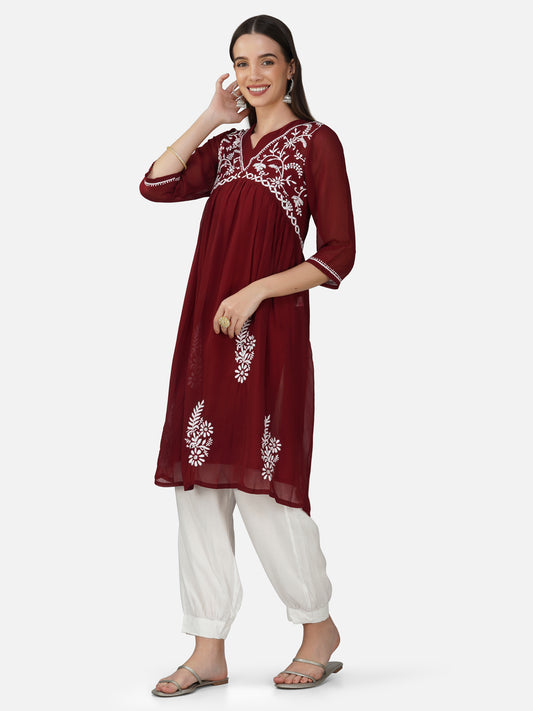 Maroon Nyra Cut Lucknowi Chikankari Embroidered Kurta