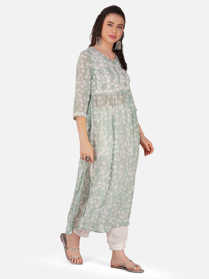 Mint Green Lucknowi Chikankari Nyra Cut Kurta