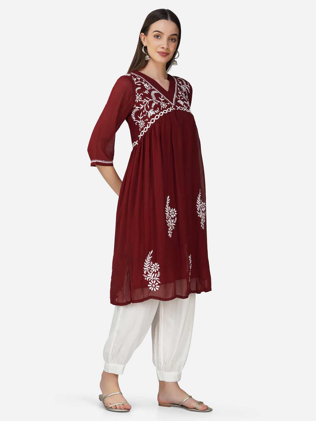 Maroon Nyra Cut Lucknowi Chikankari Embroidered Kurta