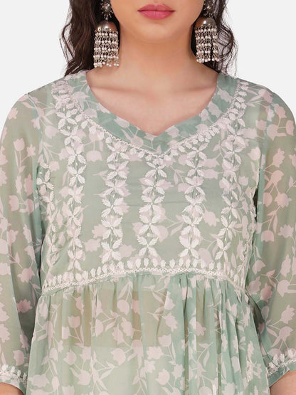 Mint Green Lucknowi Chikankari Nyra Cut Kurta