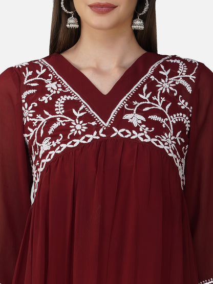 Maroon Nyra Cut Lucknowi Chikankari Embroidered Kurta