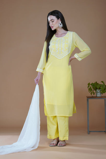 Sunshine Yellow Georgette Chikankari Embroidered Kurta Set