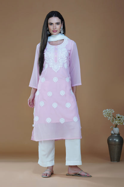 Blush Pink Lucknowi Chikankari Embroidered Kurta Set