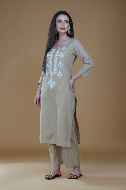 Sand Dune Cotton Lucknowi Hand Chikankari Kurta Set