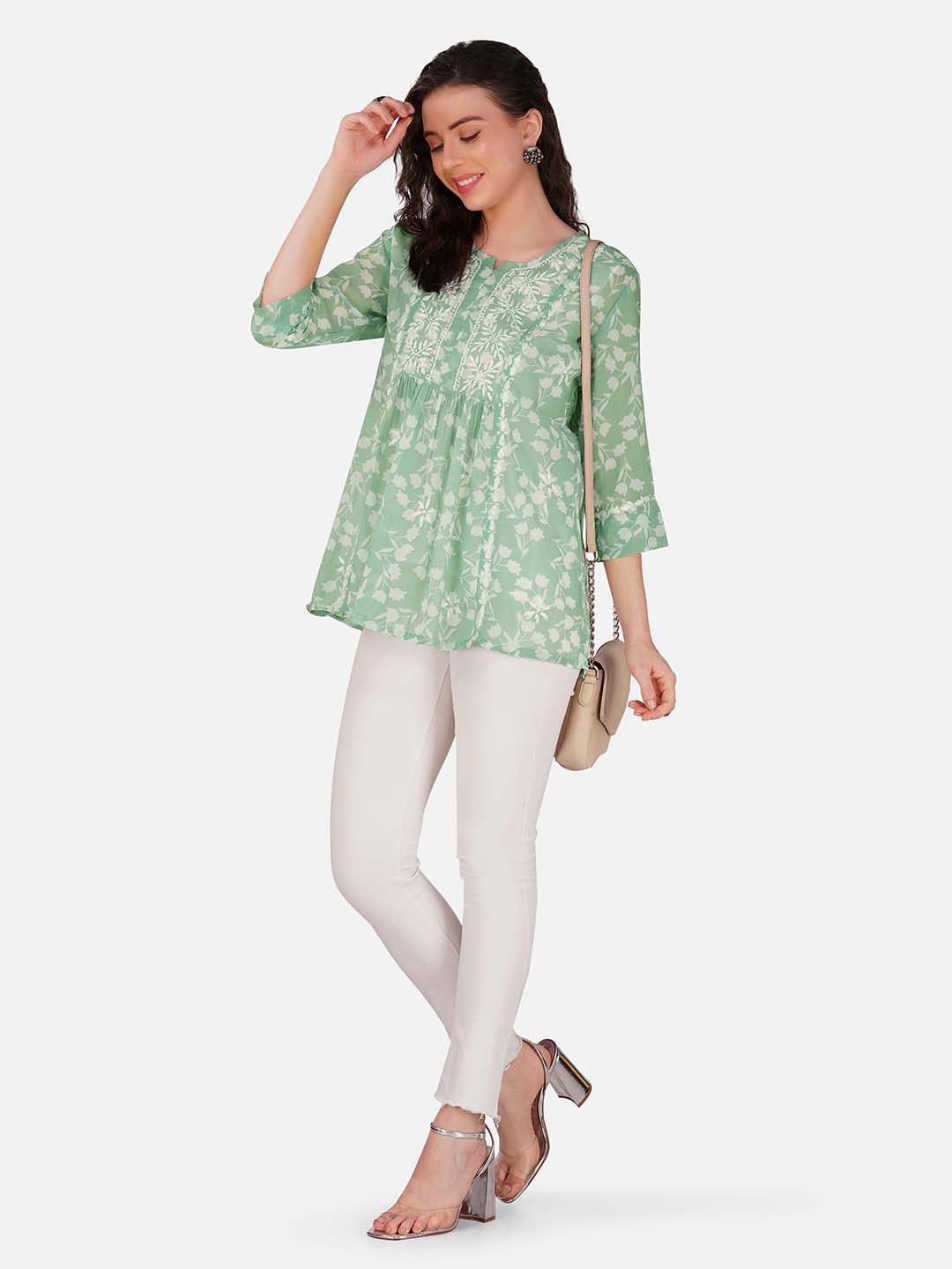 Mint Green Floral Print Top with Hand Chikankari Embroidery