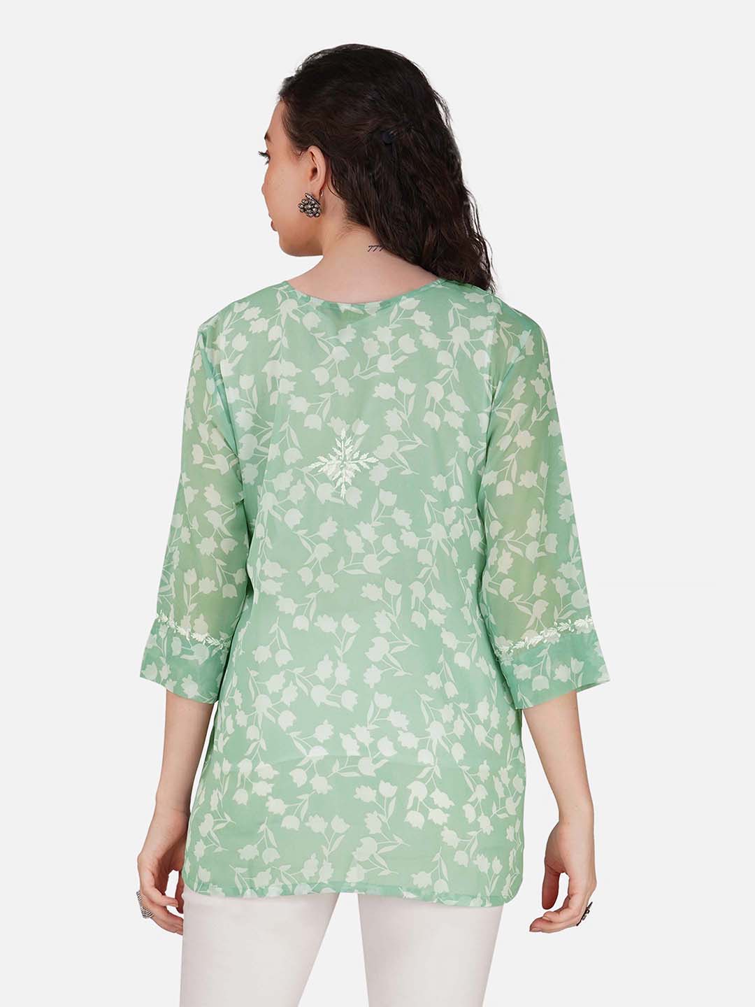 Mint Green Floral Print Top with Chikankari Embroidery