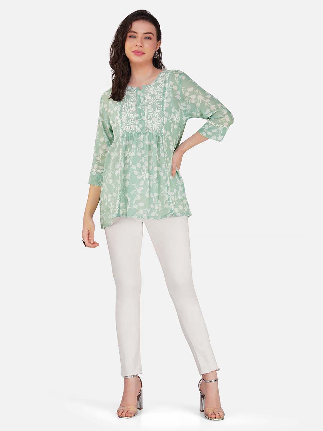 Mint Green Floral Print Top with Chikankari Embroidery