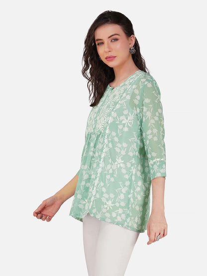 Mint Green Floral Print Top with Chikankari Embroidery