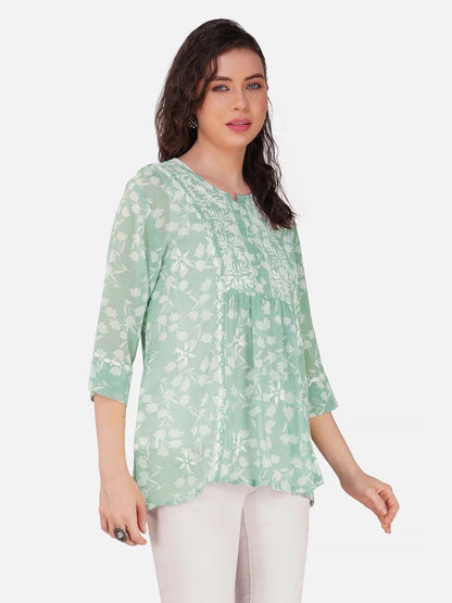 Mint Green Floral Print Top with Chikankari Embroidery