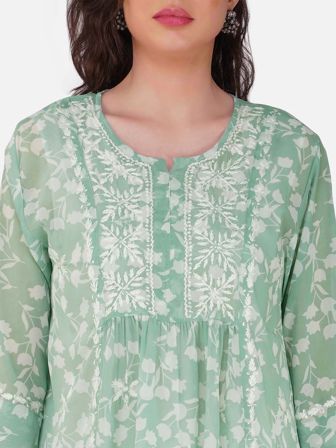 Mint Green Floral Print Top with Chikankari Embroidery