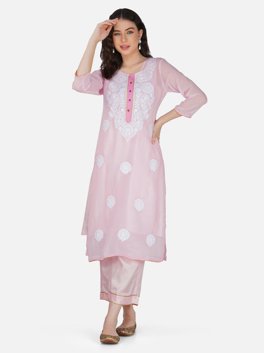 Pink Lucknowi Chikankari Embroidered Kurta Set