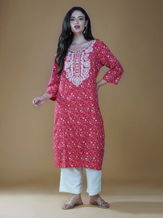 Scarlet Lucknowi Chikankari Embroidered Cotton Kurta