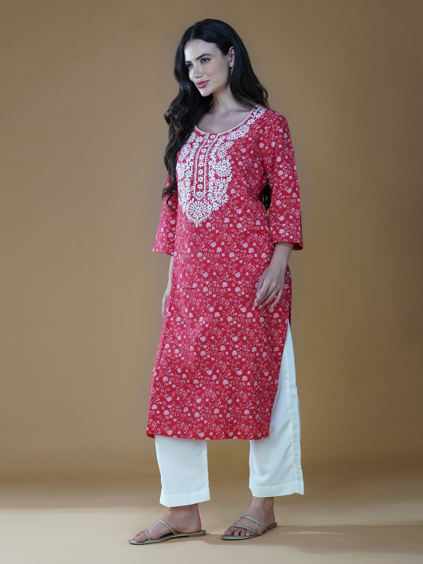 Scarlet Lucknowi Chikankari Embroidered Cotton Kurta