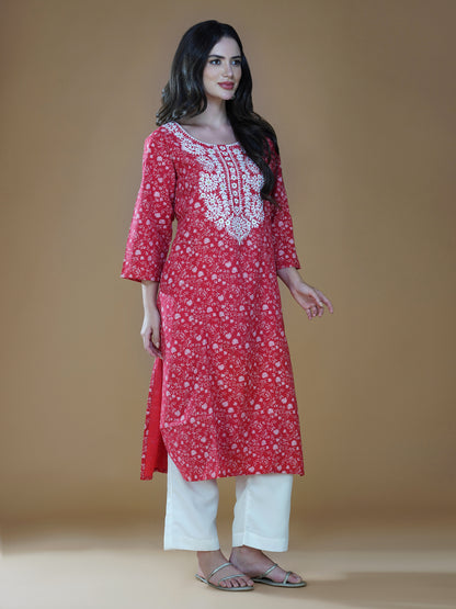 Scarlet Lucknowi Chikankari Embroidered Cotton Kurta