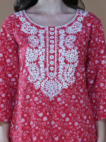 Scarlet Lucknowi Chikankari Embroidered Cotton Kurta