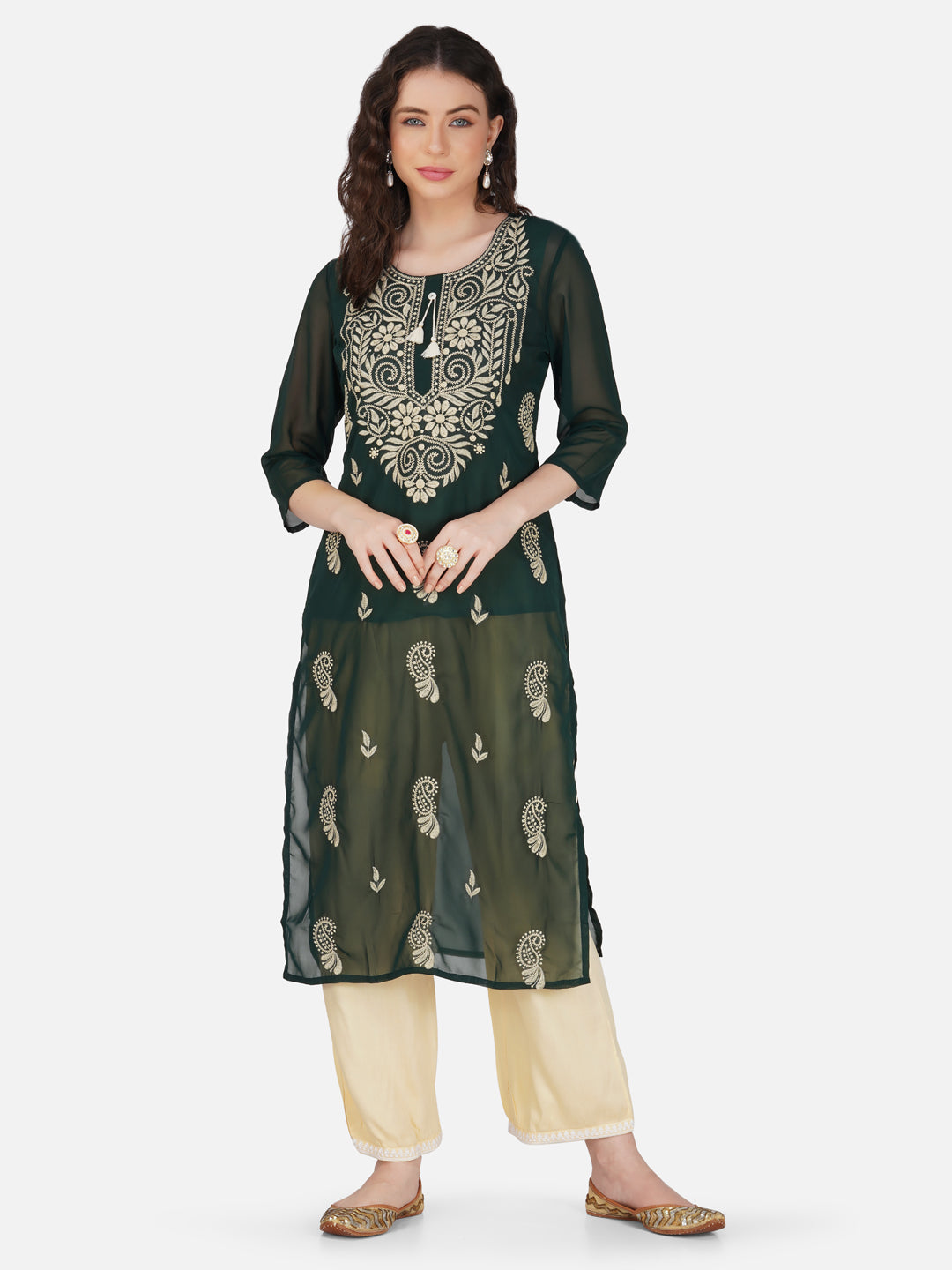 Deep Forest Green Paisley Lucknowi Chikankari Embroidered Kurta Set